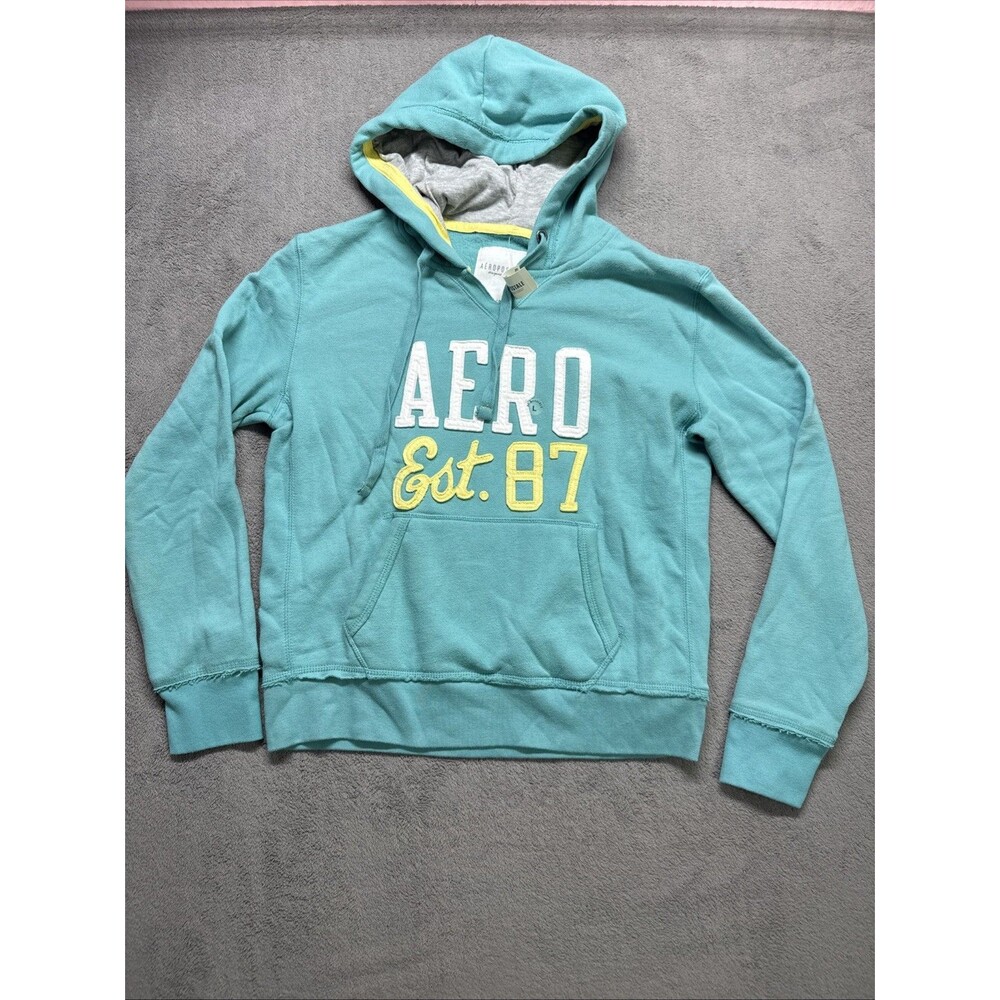 Y2K Aeropostale Women L Teal White Yellow Logo V-Neck Pocket Pullover Hoodie